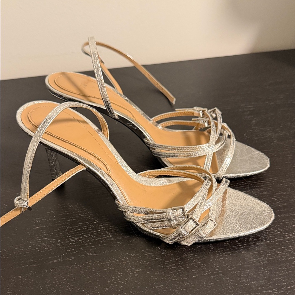 Silver metallic strappy Zara heels with buckles